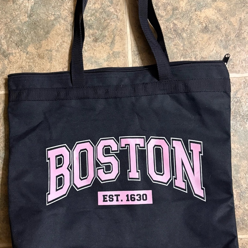 Black Tote Bag with Pink "BOSTON" Graphic